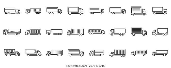  Truck semi-trailer icons set. Line art icons representing delivery trucks, ideal for transportation, logistics, and shipping concepts