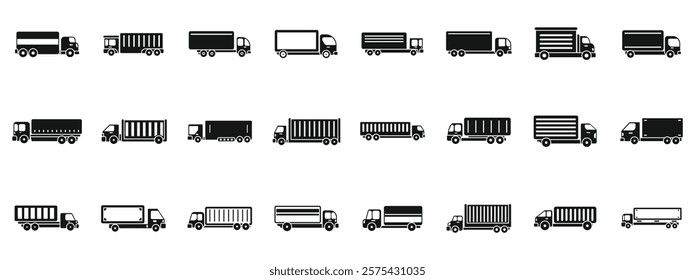  Truck semi-trailer icons set. Various delivery trucks icons representing shipping, freight, and cargo transportation services