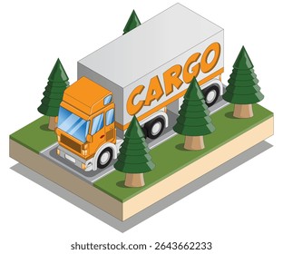 Caminhão com semirreboque na estrada. Isométrica. Isolado no fundo branco. Ilustração vetorial.