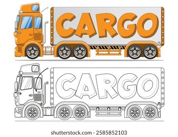 Truck with semi-trailer. Side view. Coloring. Isolated on white background. Vector illustration.