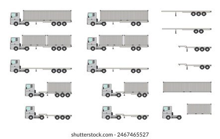 Truck and semi-trailer transporting ocean containers Vector illustration set of tractor head and trailer chassis