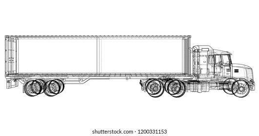 Truck with semitrailer. Vector rendering of 3d. Wire-frame style. The layers of visible and invisible lines are separated