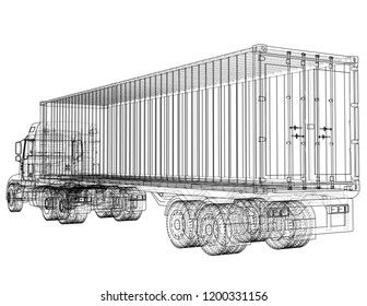 Truck with semitrailer. Vector rendering of 3d. Wire-frame style. The layers of visible and invisible lines are separated