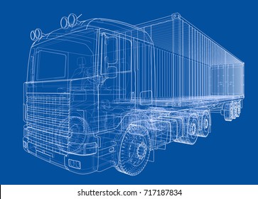 Truck with semitrailer. Vector rendering of 3d. Wire-frame style. The layers of visible and invisible lines are separated