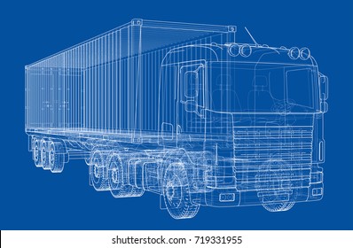 Truck with semitrailer. Vector rendering of 3d. Wire-frame style. The layers of visible and invisible lines are separated