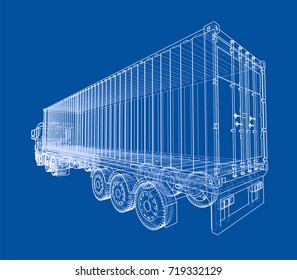 Truck with semitrailer. Vector rendering of 3d. Wire-frame style. The layers of visible and invisible lines are separated