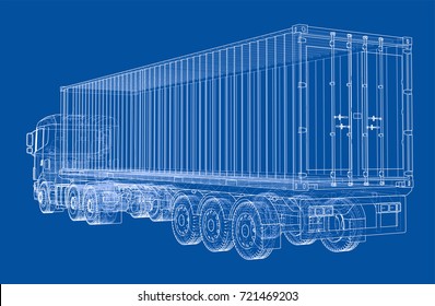 Truck with semitrailer. Vector rendering of 3d. Wire-frame style. The layers of visible and invisible lines are separated