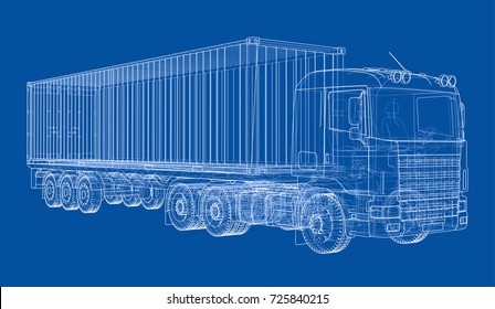 Truck with semitrailer. Vector rendering of 3d. Wire-frame style. The layers of visible and invisible lines are separated