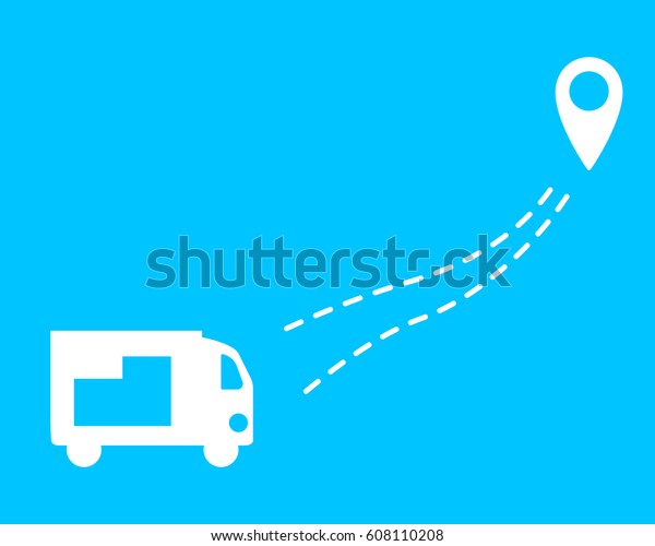 Truck with sending. A car with a dotted line and\
geolocation. Flat\
design.