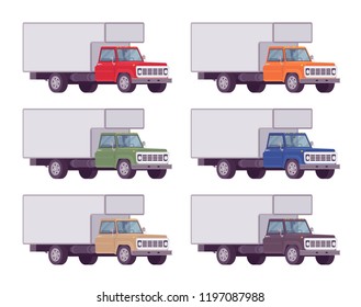 Truck set in bright colors. Large, heavy motor vehicle for transporting goods, powerful car for long distance travel. Vector flat style cartoon illustration isolated on white background