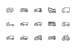 Truck Set Of Transport Vector Line Icons. Contains Such Icons As Truck, Transportation, Tow Truck, Cranes, Mixer, Garbage Truck, Manipulators, Delivery Service And More. Editable Stroke. 32x32 Pixel