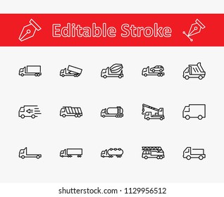 Truck Set of Transport Vector Line Icons. Contains such Icons as Truck, Transportation, Tow Truck, Cranes, Mixer, Garbage Truck, Manipulators, Delivery service and more. Editable Stroke. 32x32 Pixel