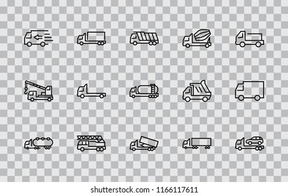 Truck Set of Transport Vector Line Icons. Contains such Icons as Truck, Transportation, Tow Truck, Cranes, Mixer, Garbage Truck, Manipulators, Delivery service and more. Editable Stroke. 32x32 Pixel
