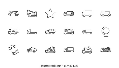 LKW-Set von Transport Vector Line Symbole. Enthält Symbole wie Lkw, Transport, Schleppwagen, Krane, Mixer, Mülltransporter, Manipulatoren, Lieferservice und mehr. Bearbeitbarer Stroke. 32 x 32 Pixel