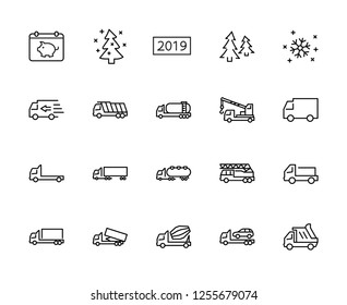 Truck Set of Transport Vector Line Icons. Contains such Icons as Truck, Transportation, Tow Truck, Cranes, Mixer, Garbage Truck, Manipulators, Delivery service and more. Editable Stroke. 32x32 Pixel
