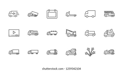 Truck Set of Transport Vector Line Icons. Contains such Icons as Truck, Transportation, Tow Truck, Cranes, Mixer, Garbage Truck, Manipulators, Delivery service and more. Editable Stroke. 32x32 Pixel