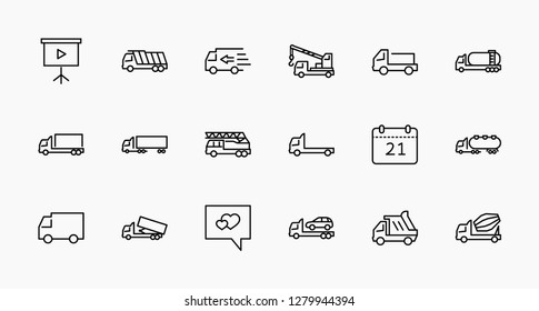 Truck Set of Transport Vector Line Icons. Contains such Icons as Truck, Transportation, Tow Truck, Cranes, Mixer, Garbage Truck, Manipulators, Delivery service and more. Editable Stroke. 32x32 Pixel
