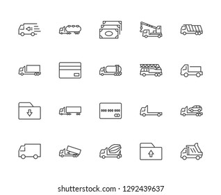 Truck Set of Transport Vector Line Icons. Contains such Icons as Truck, Transportation, Tow Truck, Cranes, Mixer, Garbage Truck, Manipulators, Delivery service and more. Editable Stroke. 32x32 Pixel