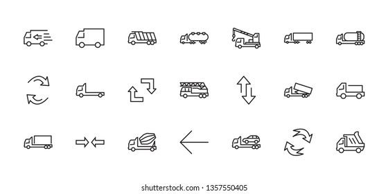 Truck Set of Transport Vector Line Icons. Contains such Icons as Truck, Transportation, Tow Truck, Cranes, Mixer, Garbage Truck, Manipulators, Delivery service and more. Editable Stroke. 32x32 Pixel