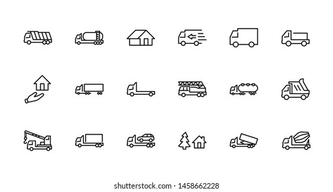 Truck Set of Transport Vector Line Icons. Contains such Icons as Truck, Transportation, Tow Truck, Cranes, Mixer, Garbage Truck, Manipulators, Delivery service and more. Editable Stroke. 32x32 Pixel