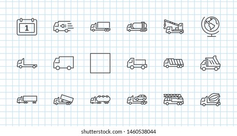 Truck Set of Transport Vector Line Icons. Contains such Icons as Truck, Transportation, Tow Truck, Cranes, Mixer, Garbage Truck, Manipulators, Delivery service and more. Editable Stroke. 32x32 Pixel