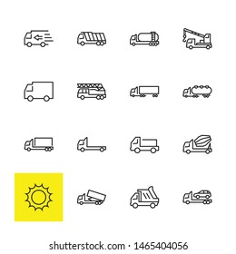 Truck Set of Transport Vector Line Icons. Contains such Icons as Truck, Transportation, Tow Truck, Cranes, Mixer, Garbage Truck, Manipulators, Delivery service and more. Editable Stroke. 32x32 Pixel