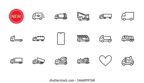Truck Set of Transport Vector Line Icons. Contains such Icons as Truck, Transportation, Tow Truck, Cranes, Mixer, Garbage Truck, Manipulators, Delivery service and more. Editable Stroke. 32x32 Pixel