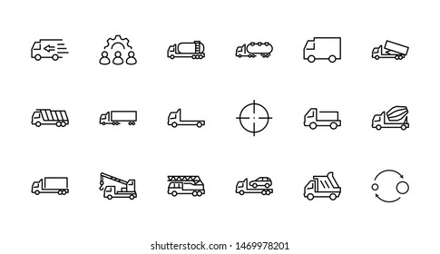 Truck Set of Transport Vector Line Icons. Contains such Icons as Truck, Transportation, Tow Truck, Cranes, Mixer, Garbage Truck, Manipulators, Delivery service and more. Editable Stroke. 32x32 Pixel