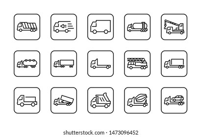 Truck Set of Transport Vector Line Icons. Contains such Icons as Truck, Transportation, Tow Truck, Cranes, Mixer, Garbage Truck, Manipulators, Delivery service and more. Editable Stroke. 32x32 Pixel
