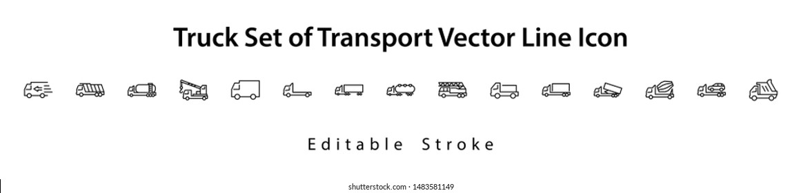 Truck Set of Transport Vector Line Icons. Contains such Icons as Truck, Transportation, Tow Truck, Cranes, Mixer, Garbage Truck, Manipulators, Delivery service and more. Editable Stroke. 32x32 Pixel