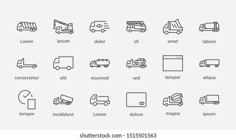 Truck Set of Transport Vector Line Icons. Contains such Icons as Truck, Transportation, Tow Truck, Cranes, Mixer, Garbage Truck, Manipulators, Delivery service and more. Editable Stroke. 32x32 Pixel