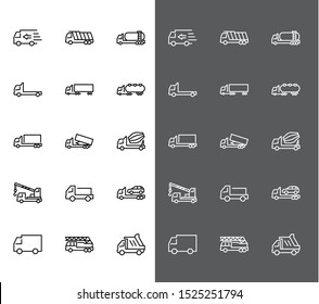 Truck Set of Transport Vector Line Icons. Contains such Icons as Truck, Transportation, Tow Truck, Cranes, Mixer, Garbage Truck, Manipulators, Delivery service and more. Editable Stroke. 32x32 Pixel