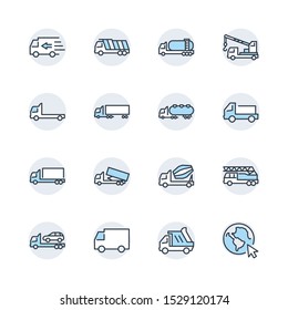 Truck Set of Transport Vector Line Icons. Contains such Icons as Truck, Transportation, Tow Truck, Cranes, Mixer, Garbage Truck, Manipulators, Delivery service and more. Editable Stroke. 32x32 Pixel