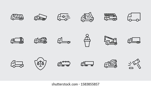 Truck Set of Transport Vector Line Icons. Contains such Icons as Truck, Transportation, Tow Truck, Cranes, Mixer, Garbage Truck, Manipulators, Delivery service and more. Editable Stroke. 32x32 Pixel