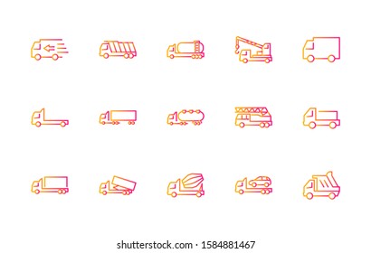 Truck Set of Transport Vector Line Icons. Contains such Icons as Truck, Transportation, Tow Truck, Cranes, Mixer, Garbage Truck, Manipulators, Delivery service and more. Editable Stroke. 32x32 Pixel