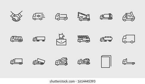 Truck Set of Transport Vector Line Icons. Contains such Icons as Truck, Transportation, Tow Truck, Cranes, Mixer, Garbage Truck, Manipulators, Delivery service and more. Editable Stroke. 32x32 Pixel