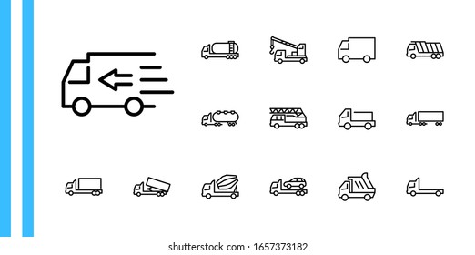 Juego de Coches de Iconos de Línea de Vector de Transporte. Contiene iconos como Coche, transporte, Coche de remolque, grullas, mezclador, Coche de basura, manipuladores, servicio de entrega y más. Trazo editable. 32 x 32 píxeles