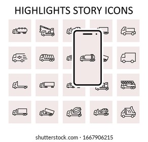 Truck Set of Transport Vector Line Icons. Contains such Icons as Truck, Transportation, Tow Truck, Cranes, Mixer, Garbage Truck, Manipulators, Delivery service and more. Editable Stroke. 32x32 Pixels