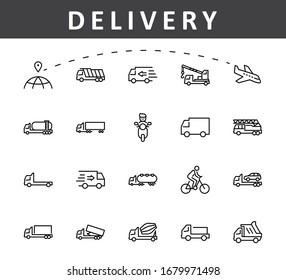 Truck Set of Transport Vector Line Icons. Contains such Icons as Truck, Transportation, Tow Truck, Cranes, Mixer, Garbage Truck, Manipulators, Delivery service and more. Editable Stroke. 32x32 Pixels