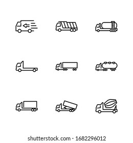 Truck Set of Transport Vector Line Icons. Contains such Icons as Truck, Transportation, Tow Truck, Cranes, Mixer, Garbage Truck, Manipulators, Delivery service and more. Editable Stroke. 32x32 Pixels