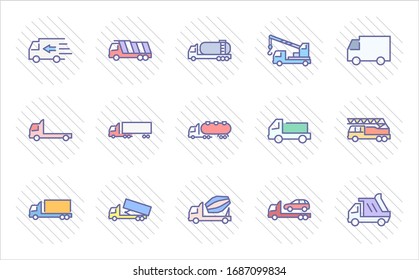 Truck Set of Transport Vector Line Icons. Contains such Icons as Truck, Transportation, Tow Truck, Cranes, Mixer, Garbage Truck, Manipulators, Delivery service and more. Editable Stroke. 32x32 Pixel