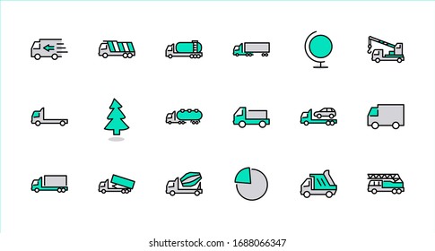 Truck Set of Transport Vector Line Icons. Contains such Icons as Truck, Transportation, Tow Truck, Cranes, Mixer, Garbage Truck, Manipulators, Delivery service and more. Editable Stroke. 32x32 Pixel