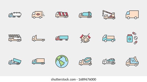 Truck Set of Transport Vector Line Icons. Contains such Icons as Truck, Transportation, Tow Truck, Cranes, Mixer, Garbage Truck, Manipulators, Delivery service and more. Editable Stroke. 32x32 Pixel