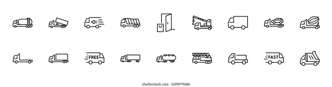 Juego de Coches de Iconos de Línea de Vector de Transporte. Contiene iconos como Coche, transporte, Coche de remolque, grullas, mezclador, Coche de basura, manipuladores, servicio de entrega y más. Trazo editable. 32 x 32 píxeles