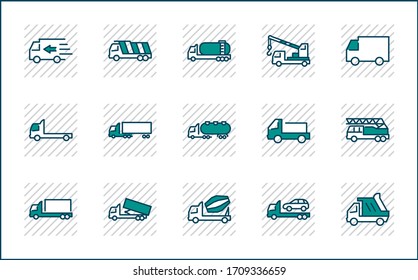 Truck Set of Transport Vector Line Icons. Contains such Icons as Truck, Transportation, Tow Truck, Cranes, Mixer, Garbage Truck, Manipulators, Delivery service and more. Editable Stroke. 32x32 Pixel