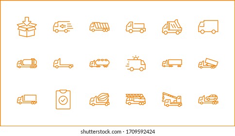 Truck Set of Transport Vector Line Icons. Contains such Icons as Truck, Transportation, Tow Truck, Cranes, Mixer, Garbage Truck, Manipulators, Delivery service and more. Editable Stroke. 32x32 Pixels