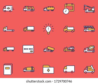 Truck Set of Transport Vector Line Icons. Contains such Icons as Truck, Transportation, Tow Truck, Cranes, Mixer, Garbage Truck, Manipulators, Delivery service and more. Editable Stroke. 32x32 Pixel