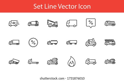 Juego de camiones de Iconos de línea de vectores de transporte. Contiene íconos como Camión, Transporte, Camión de remolque, Grúa, Mezclador, Camión de basura, Manipuladores, Servicio de entrega y más. Stroke editable. 32x32 píxeles