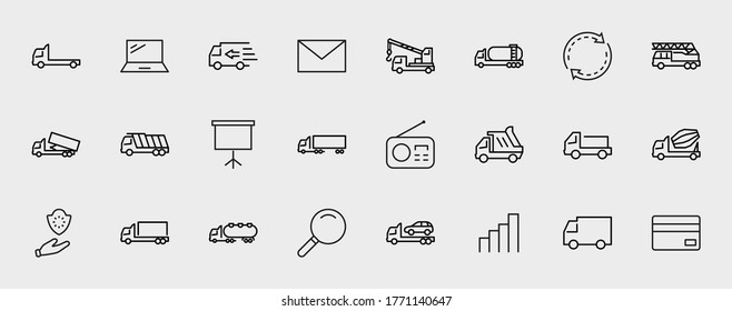 Truck Set of Transport Vector Line Icons. Contains such Icons as Truck, Transportation, Tow Truck, Cranes, Mixer, Garbage Truck, Manipulators, Delivery service and more. Editable Stroke. 32x32 Pixels