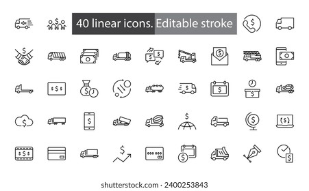 Truck Set of Transport Vector Line Icons. Contains such Icons as Truck, Transportation, Tow Truck, Cranes, Mixer, Garbage Truck, Manipulators, Delivery service and more. Editable Stroke. 32x32 Pixels